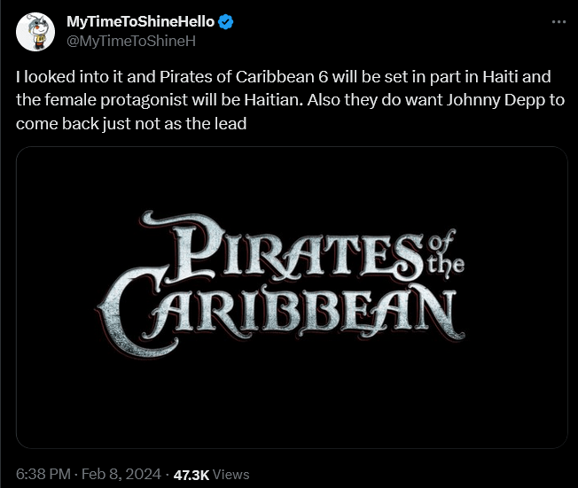 MyTimeToShineHello has info on Johnny Depp's possible inclusion in the female-led 'Pirates of the Caribbean' film