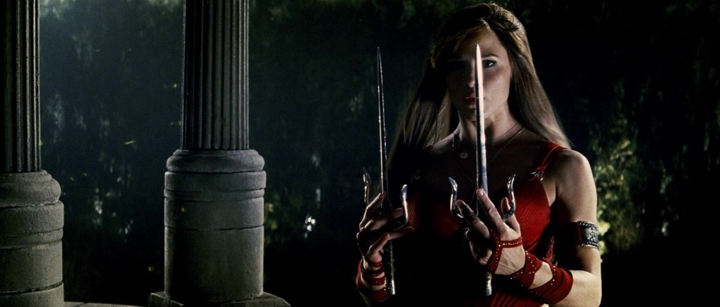 Elektra (Jennifer Garner) reflects on the effectiveness of her sai in Elektra (2005), 20th Century Fox