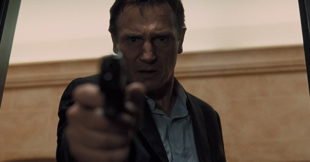 Bryan Mills (Liam Neeson) executes a sex trafficker in Taken (2008), 20th Century Fox