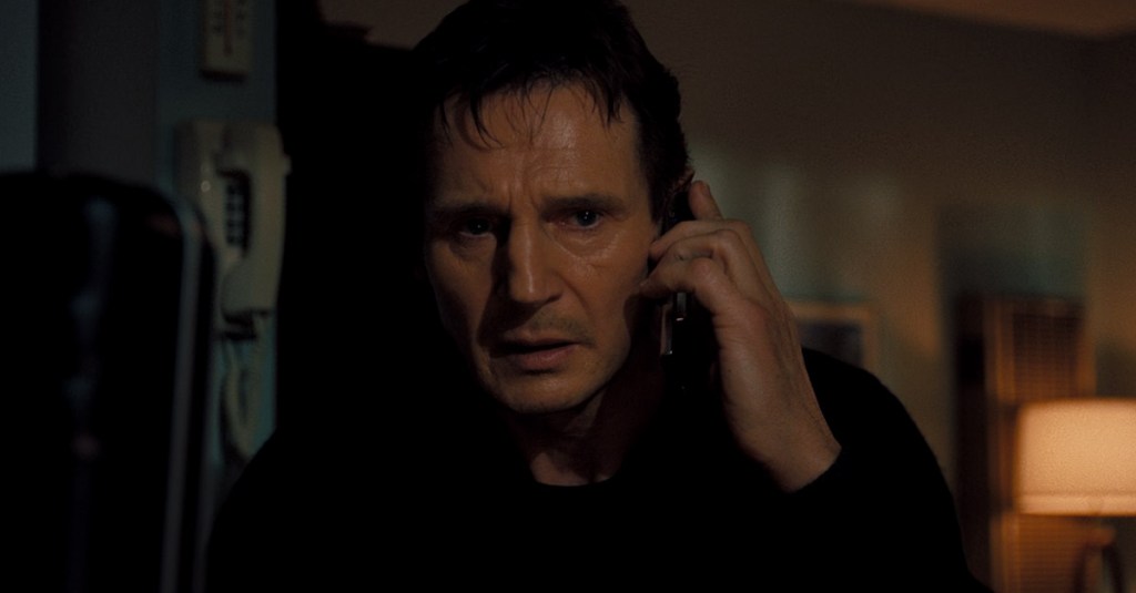 Bryan Mills (Liam Neeson) hears his daughter being kidnapped by sex traffickers in Taken (2008), 20th Century Fox