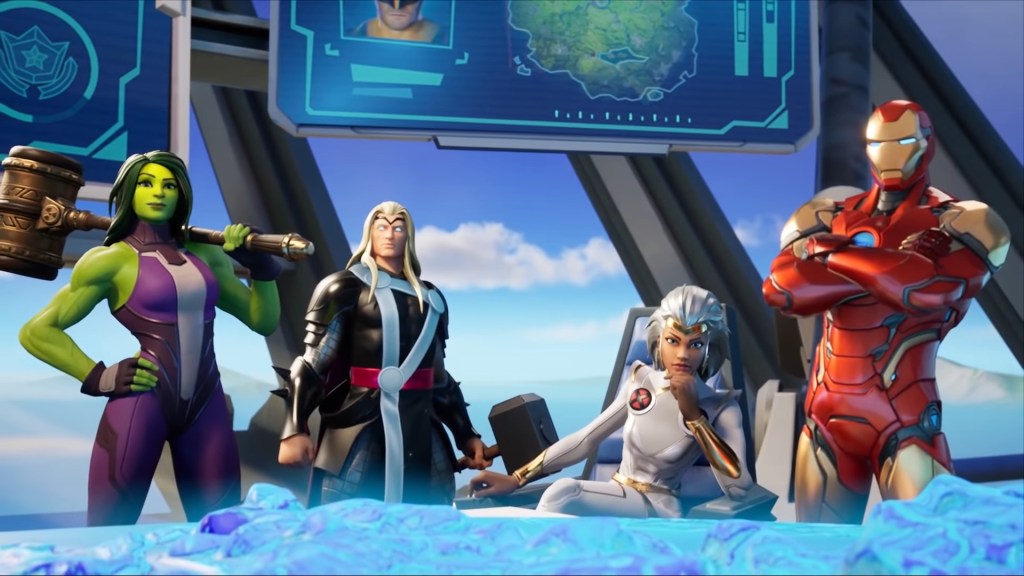 She-Hulk, Thor, Storm, and Iron Man assemble in the Fortnite Nexus War event, (2020) Epic Games