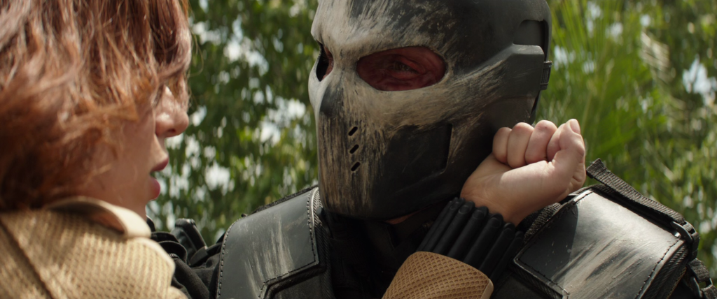 Crossbones (Frank Grillo) brushes off Natasha's (Scarlett Johansson ) Widow Sting in Captain America: Civil War (2016), Marvel Entertainment