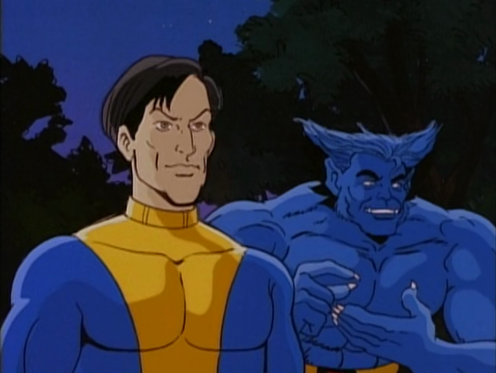Morph (Ron Rubin) e Beast (George Buza) se vestem em X-Men: The Animated Series Temporada 1, Episódio 1 “Night of the Sentinels, Part One” (1992), Marvel Entertainment