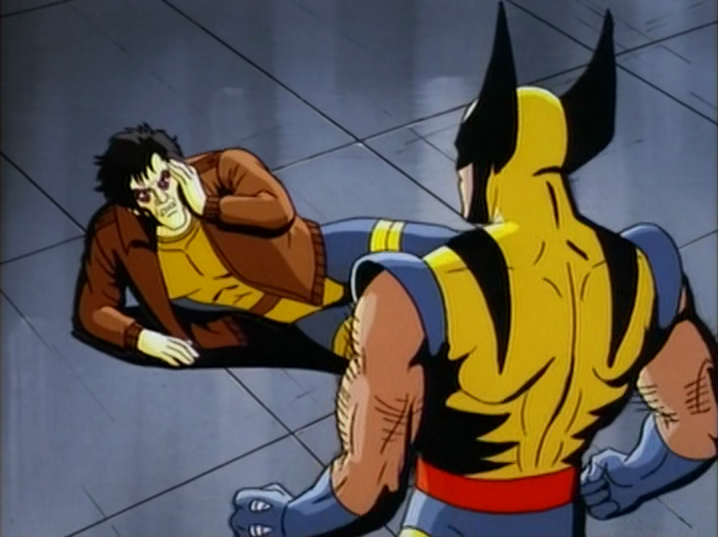 Wolverine (Cal Dodd) has had enough of evil Morph's deception (Ron Rubin) in X-Men: The Animated Series Season 2 Episode 2 "'Til Death Do Us Part, Part Two" (1993), Marvel Entertainment