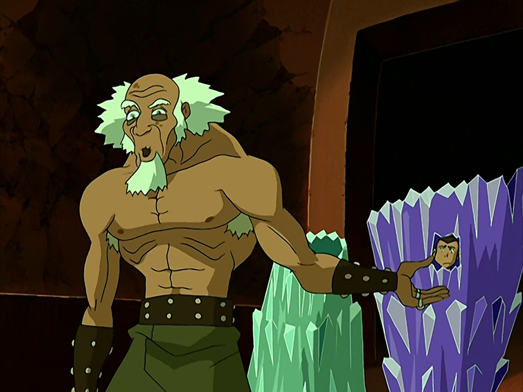 King Bumi (Andre Sogiluzzo) encases Sokka (Jack DeSena) and Katara (Mae Whitman) in crystal (candy) in Avatar: The Last Airbender Season 1 Episode 5 "The King of Omashu" (2005), Nickelodeon
