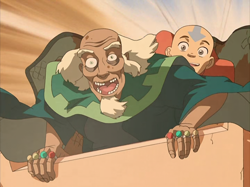 King Bumi (Andre Sogiluzzo) and Aang (Zach Tyler Eisen) go on one last chute slide for old time's sake in Avatar: The Last Airbender Season 1 Episode 5 "The King of Omashu" (2005), Nickelodeon