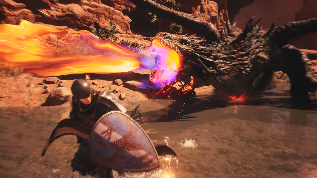 The Arisen dodges a dragon's fiery breath in Dragon's Dogma 2 (2024), Capcom