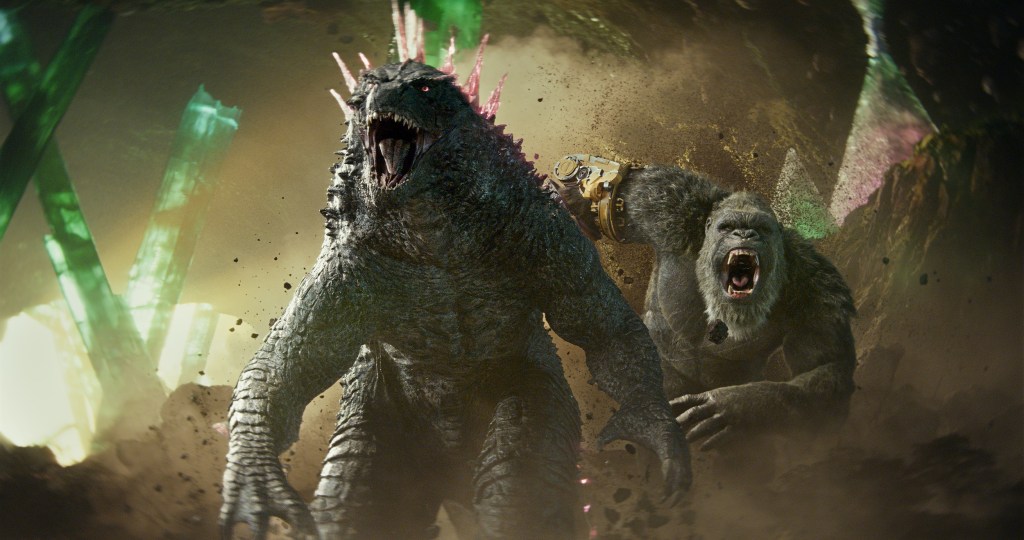(L to r) GODZILLA and KONG in Warner Bros. Pictures and Legendary Pictures’ action adventure “GODZILLA x KONG: THE NEW EMPIRE,” a Warner Bros. Pictures release. © 2024 Warner Bros. Entertainment Inc. All Rights Reserved.