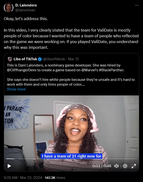 Dani LaLonders responds after a video resurfaced in which she claims she intentionally hired "no white people" for her dating sim 'ValiDate: Struggling Singles in Your Area"