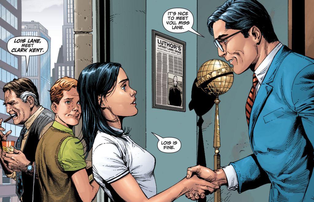 The Daily Planet's main players assemble for the first time in Superman: Secret Origin Vol. 1 #3 "Mild-Mannered Reporter" (2010), DC. Words by Geoff Johns, art by Gary Frank, Jon Sibal, Brad Anderson, and Steve Wands.