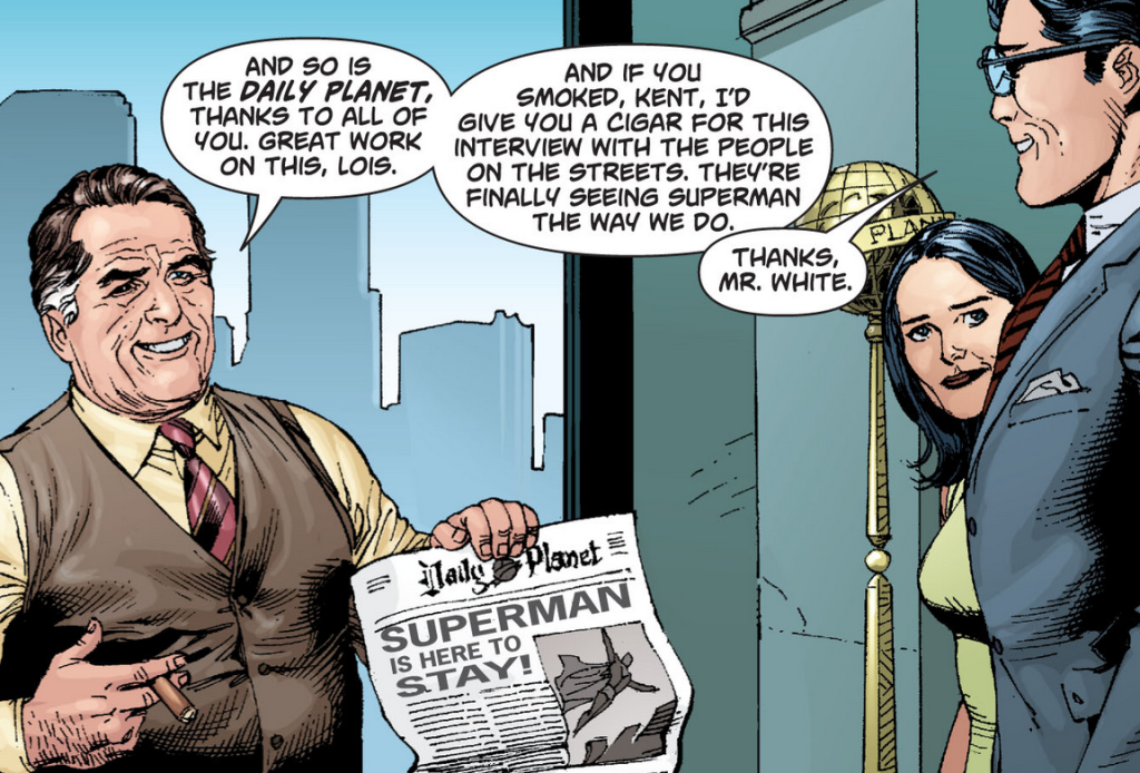 Perry White offers Clark Kent his first compliment in Superman: Secret Origin Vol. 1 #3 "Mild-Mannered Reporter" (2010), DC. Words by Geoff Johns, art by Gary Frank, Jon Sibal, Brad Anderson, and Steve Wands.