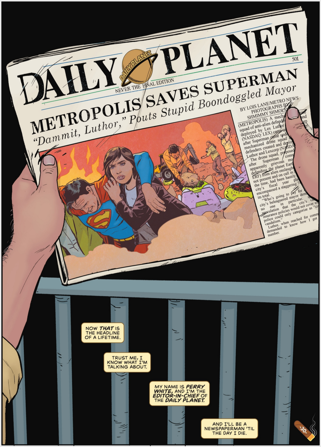 Perry White approves the next day's headline in Superman's Pal Jimmy Olsen's Boss Perry White Vol. 1 #1 "Metropolis Saves Superman" (2022), DC. Words by Matt Fraction, art by Steve Lieber, Nathan Fairbairn, and Clayton Cowles.