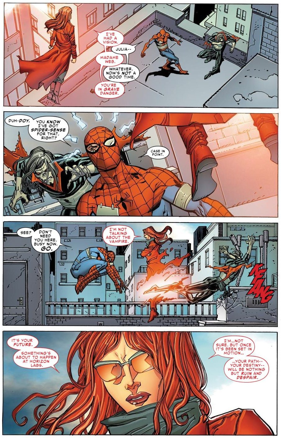 The Julia Carpenter incarnation of Madame Web has a message for Peter Parker in Amazing Spider-Man Vol. 1 #690 "No Turning Back, Part 3: Natural State" (2012), Marvel Comics. Words by Dan Slott, art by Giuseppe Camuncoli, Klaus Janson, Dan Green, Frank D'Armata, and Joe Caramagna.