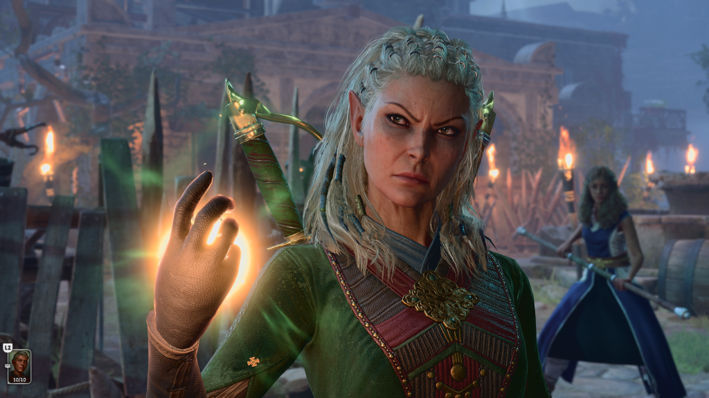 Jaheira (Tracy Wiles) readies her magiks in Baldur's Gate 3 (2023), Larian Studios