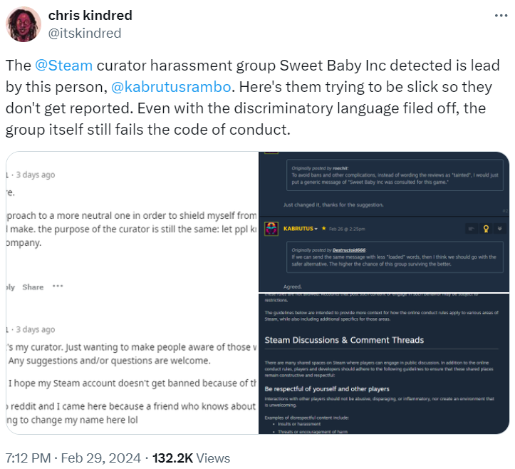 Archive link Chris Kindred accuses the Sweet Baby Inc detected Steam Curator of attempting to avoid bans, and still in violation of their ToS via Twitter