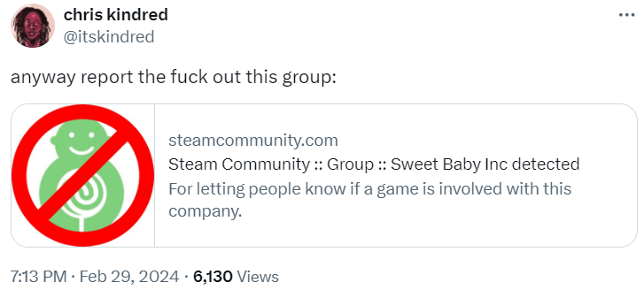 Archive link Chris Kindred calls on his followers to report the Sweet Baby Inc detected Steam Curator group via Twitter