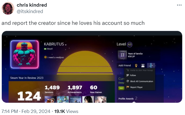 Archive link Chris Kindred calls on his followers to report the creator of the Sweet Baby Inc detected Steam Curator group via Twitter