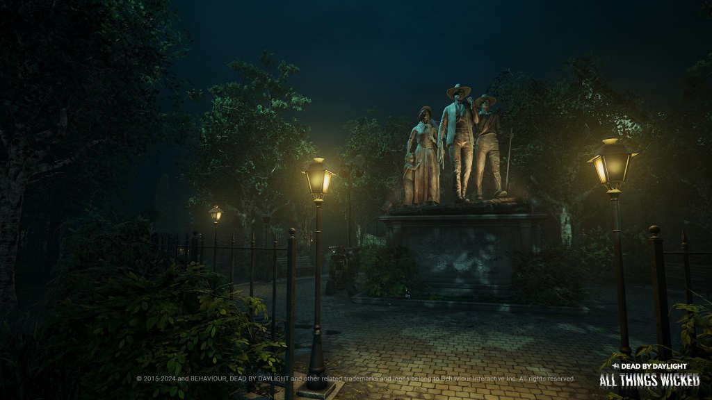 A statue in the park of the Greenville Square map in Dead by Daylight (Behaviour Interactive), 2016