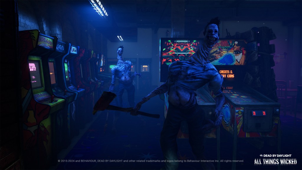 The Unknown (Zoey Alexandria) and its hallucination duplicate shamble through an arcade in Dead by Daylight (Behaviour Interactive), 2016
