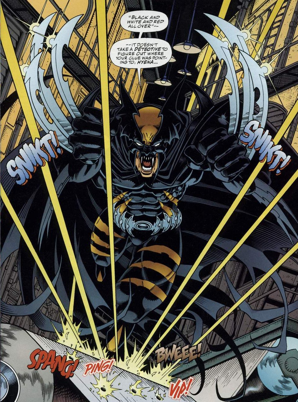 Dark Claw lunges into action in Legends of the Dark Claw Vol. 1 #1 "Through a Glass Darkly" (1996), Marvel Comics/DC. Words by Larry Hama, art by Jim Balent, Ray McCarthy, Pat Garrahy, and Bill Oakley.