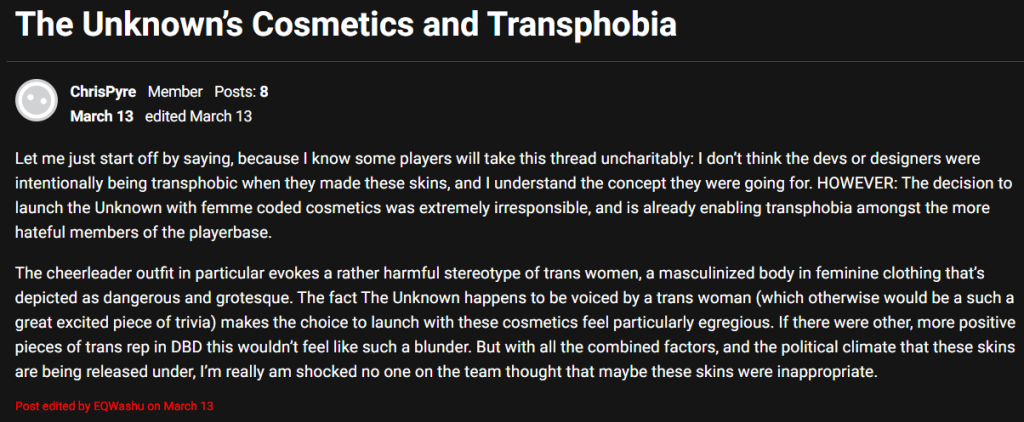 ChrisPyre expresses concern over The Unknown (Zoey Alexandria) being transphobic via Dead By Daylight Official Forum