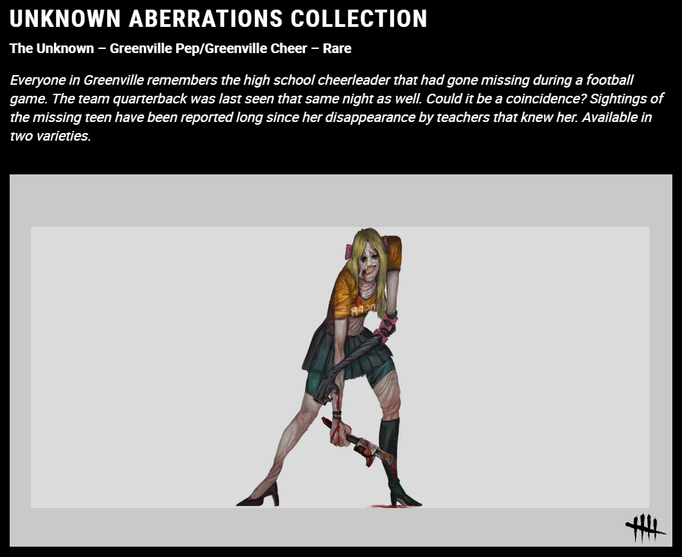 Behaviour Interactive shows concept art for the Greenville Cheer costume for The Unknown (Zoey Alexandria) via the official Dead by Daylight website