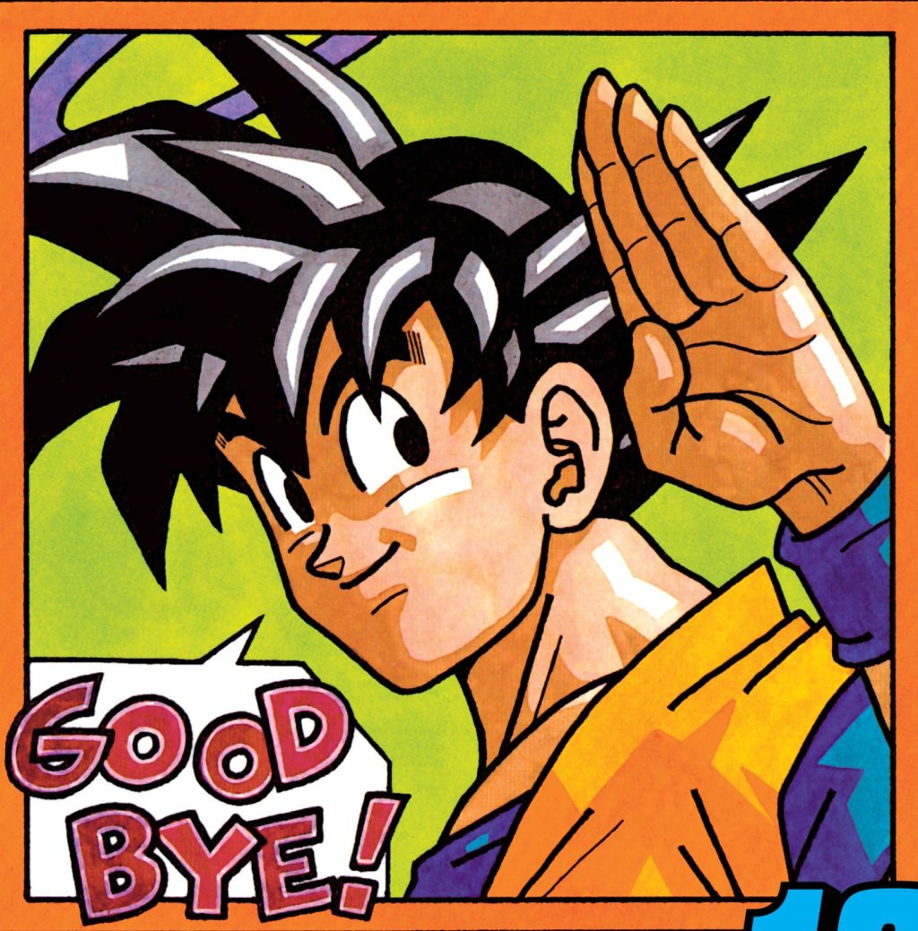 Goku says 'Sayonara' on Akira Toriyama's cover to Dragon Ball Vol. 25 "Death of A Warrior" (1993), Shueisha