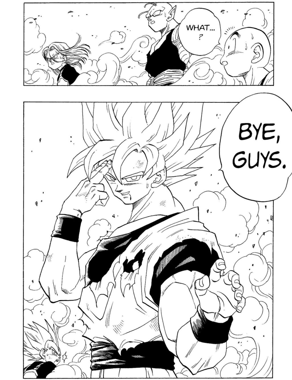 Goku prepares to sacrifice himself to prevent Cell's self-destruction from destroying the Earth in Dragon Ball Chapter 411 "Cell, Brought to Bay" (1993), Shueisha. Words and art by Akira Toriyama.