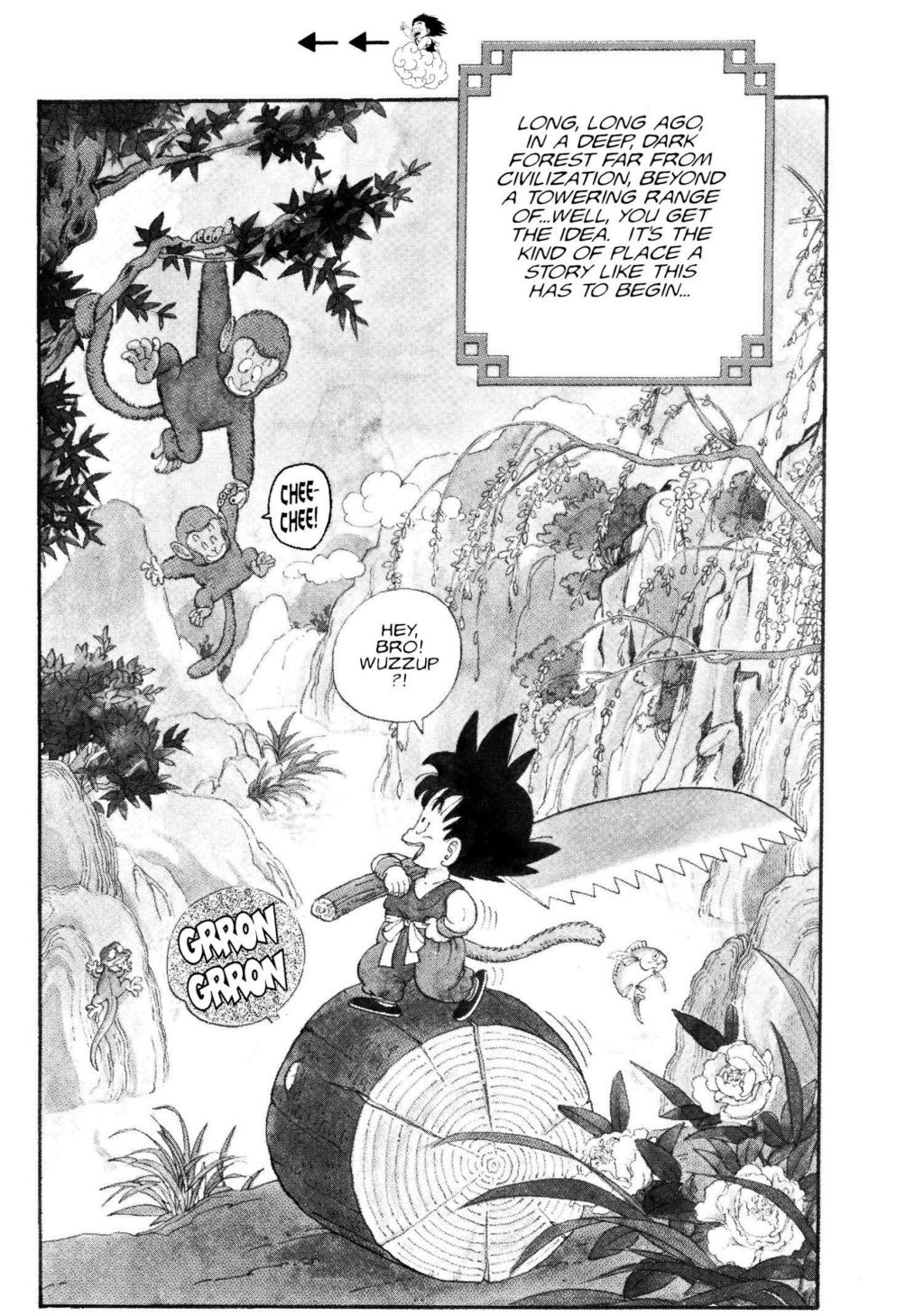 Son Goku makes his debut in Dragon Ball Chapter 1 "Bulma and Son Goku" (1984), Shueisha. Words and art by Akira Toriyama.