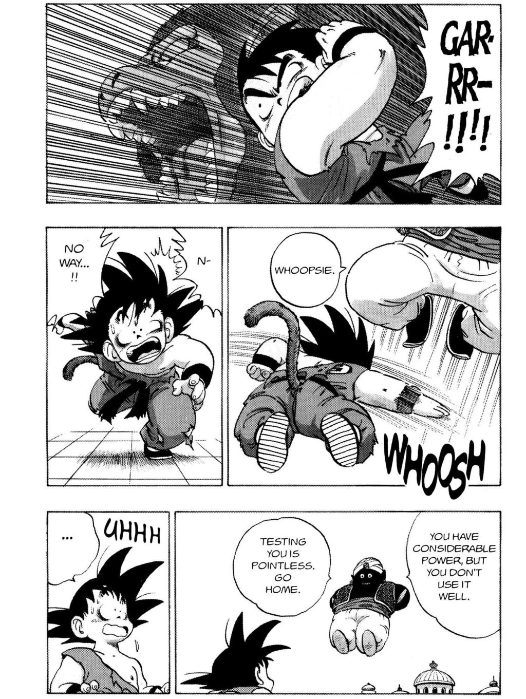 Popo facilmente ignora as tentativas de Goku de atacá-lo em Dragon Ball Capítulo 163 "O Santuário de Kami-sama" (1988), Shueisha.  Palavras e arte de Akira Toriyama.
