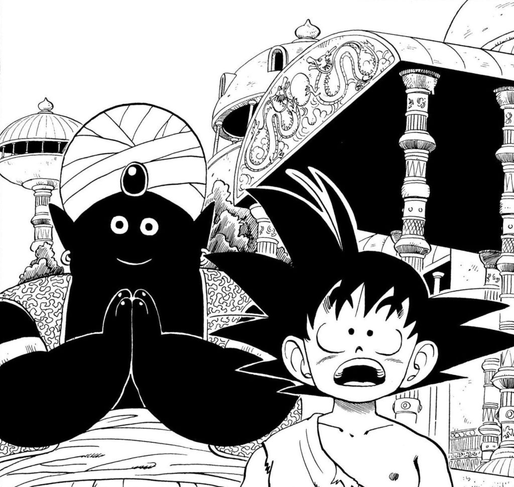 Goku stands in awe of the Lookout on Akira Toriyama's cover page to Dragon Ball Chapter 163 "The Sanctuary of Kami-sama" (1988), Shueisha