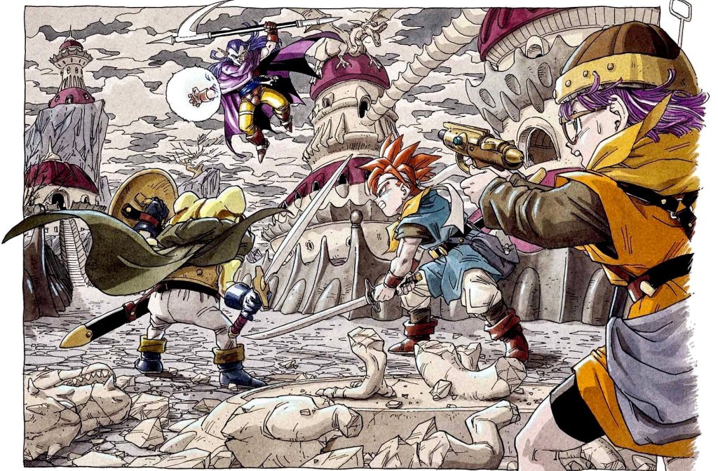 Chrono and crew take on Magus in Akira Toriyama's key art for Chrono Trigger (1995), Square