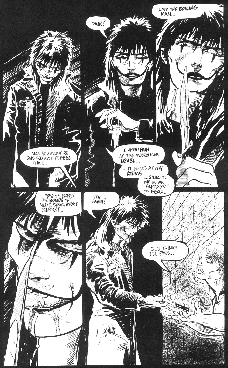 Eric Draven embraces his madness in The Crow Vol. 1 #1 "Pain" (1989), Caliber Press. Words and art by James O'Barr.