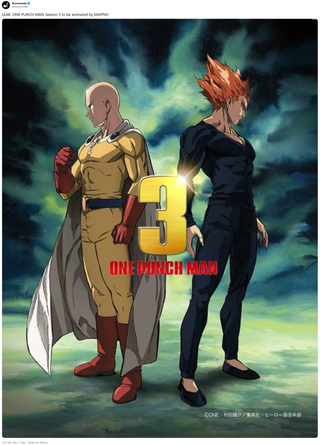 @ShonenLeaks claims 'One-Punch Man' Season 3 will be animated by MAPPA studio.