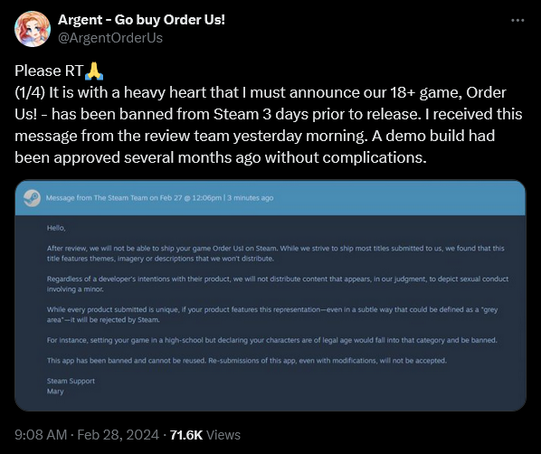 Argent weighs in on Steam's banning of their adult dating sim 'Order Us!'