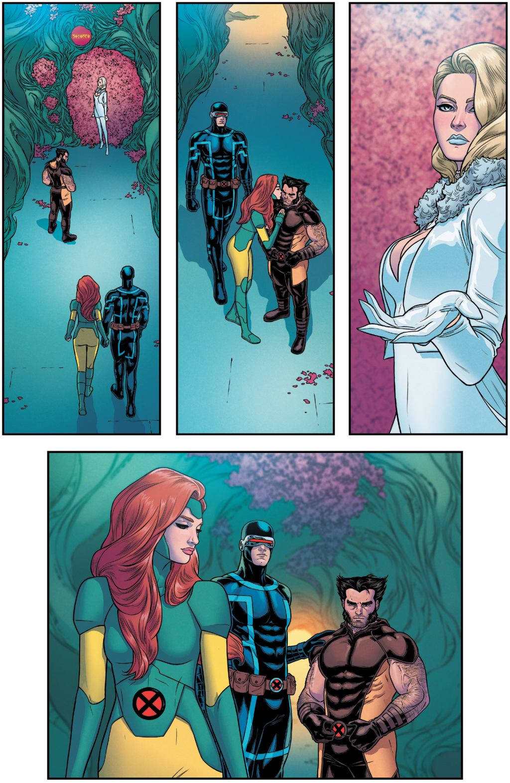 Jean Grey says what could be her last good-bye to both Cyclops and Wolverine in Giant-Size X-Men: Jean Grey and Emma Frost Vol. 1 #1 "Into the Storm" (2020), Marvel Comics. Words by Jonathan Hickman, art by Russell Dauterman, Matthew Wilson, and Clayton Cowles.