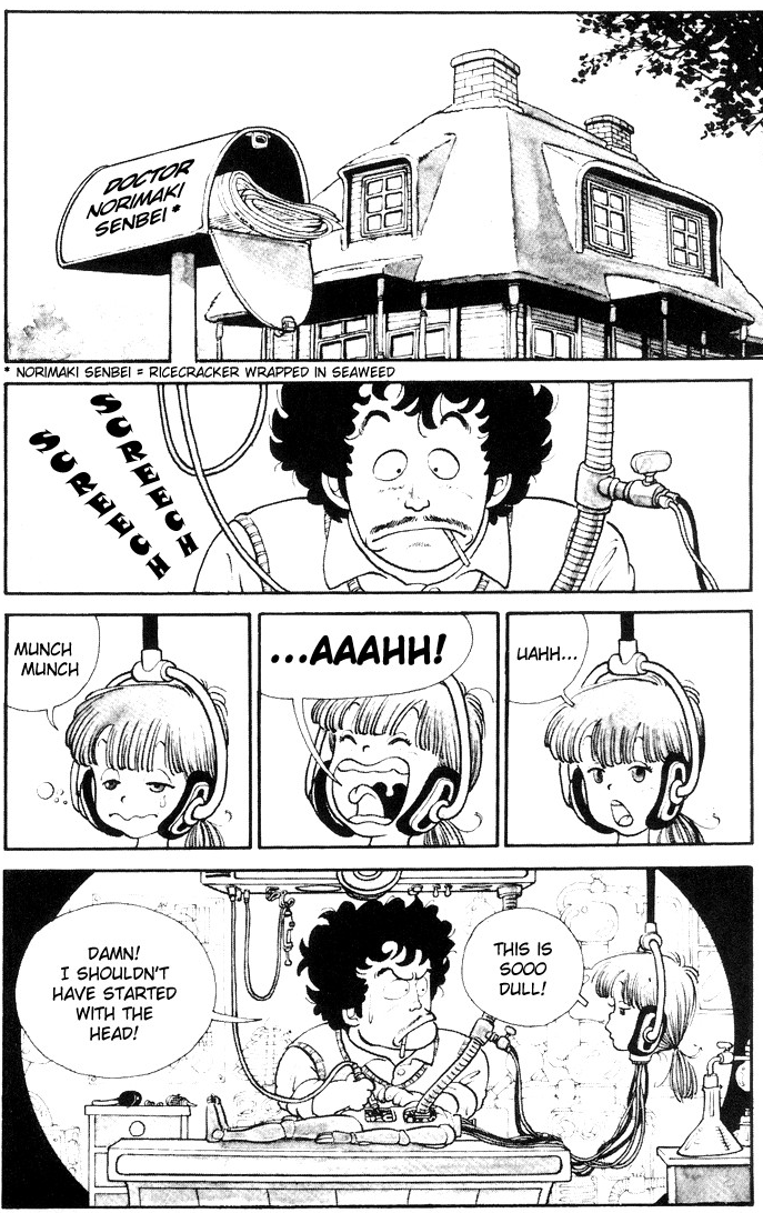 Senbei Norimaki puts the final touches on his latest creation in Dr. Slump Chapter 1 "The Birth of Arale" (1980), Shueisha. Words and art by Akira Toriyama.