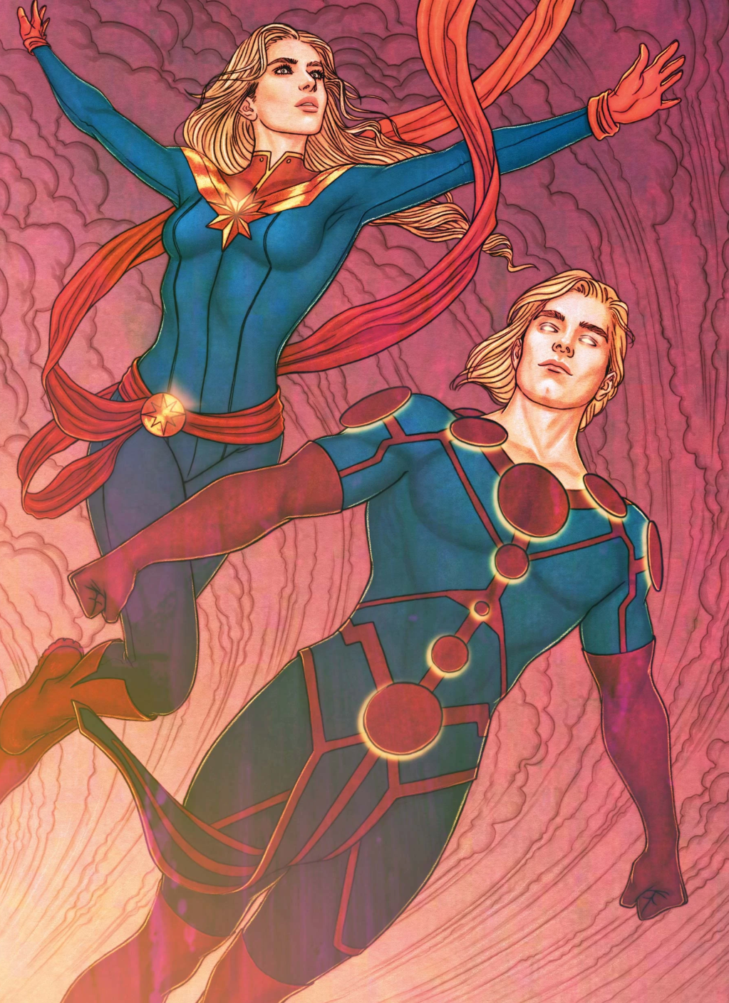 Captain Marvel and Ikaris take to the skies on Jenny Frison's variant cover to Eternals Vol. 5 #1 "Only Death is Eternal, Part 1" (2021), Marvel Comics