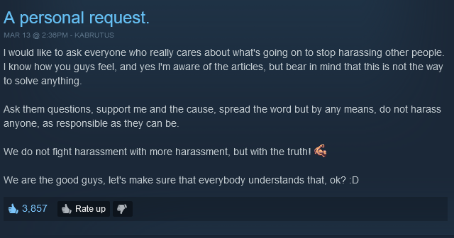 The administrator of the 'Sweet Baby Inc. Detected' Steam Curator list, Kabrutus, asks followers to refrain from engaging in any sort of harassment.