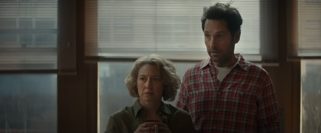 Carrie Coon as Callie Spengler and Paul Rudd as Gary Grooberson in Ghostbusters: Frozen Empire (2024), Sony Pictures Entertainment