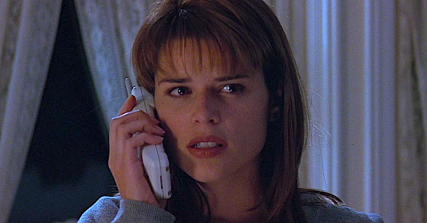 Sidney Prescott (Neve Campbell) has her first interaction with Ghostface in Scream (1996), Paramount Pictures