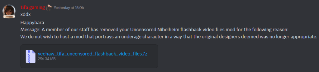TifaBro- under the name tifa gaming- claims that NexusMods removed his uncensor mod due to the character's age in a flashback via Discord