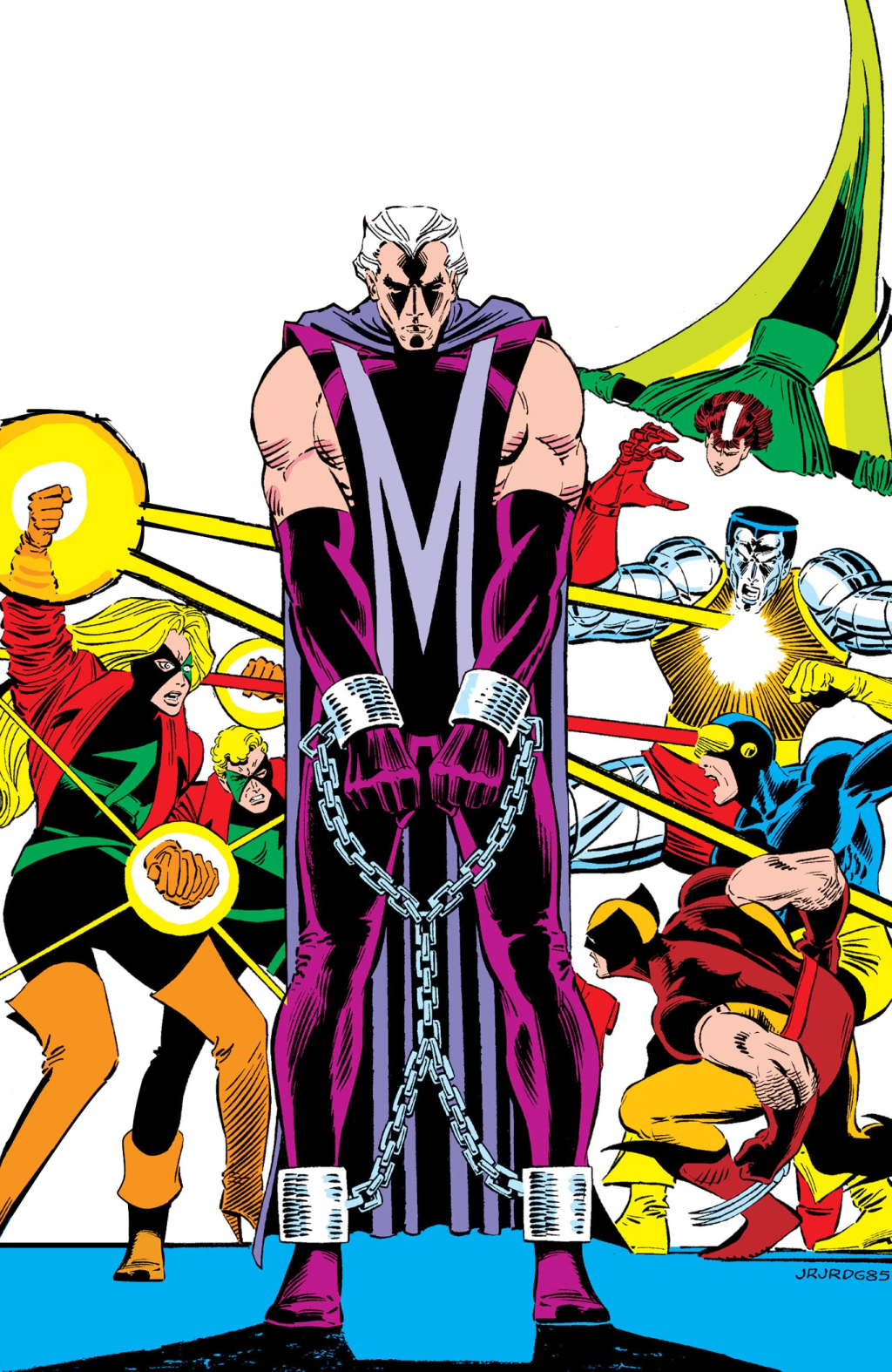 The Master of Magnetism is brought before the courts on John Romita Jr., Dan Green and Ron Zalme's cover to Uncanny X-Men Vol. 1 #200 "The Trial of Magneto!" (1985), Marvel Comics