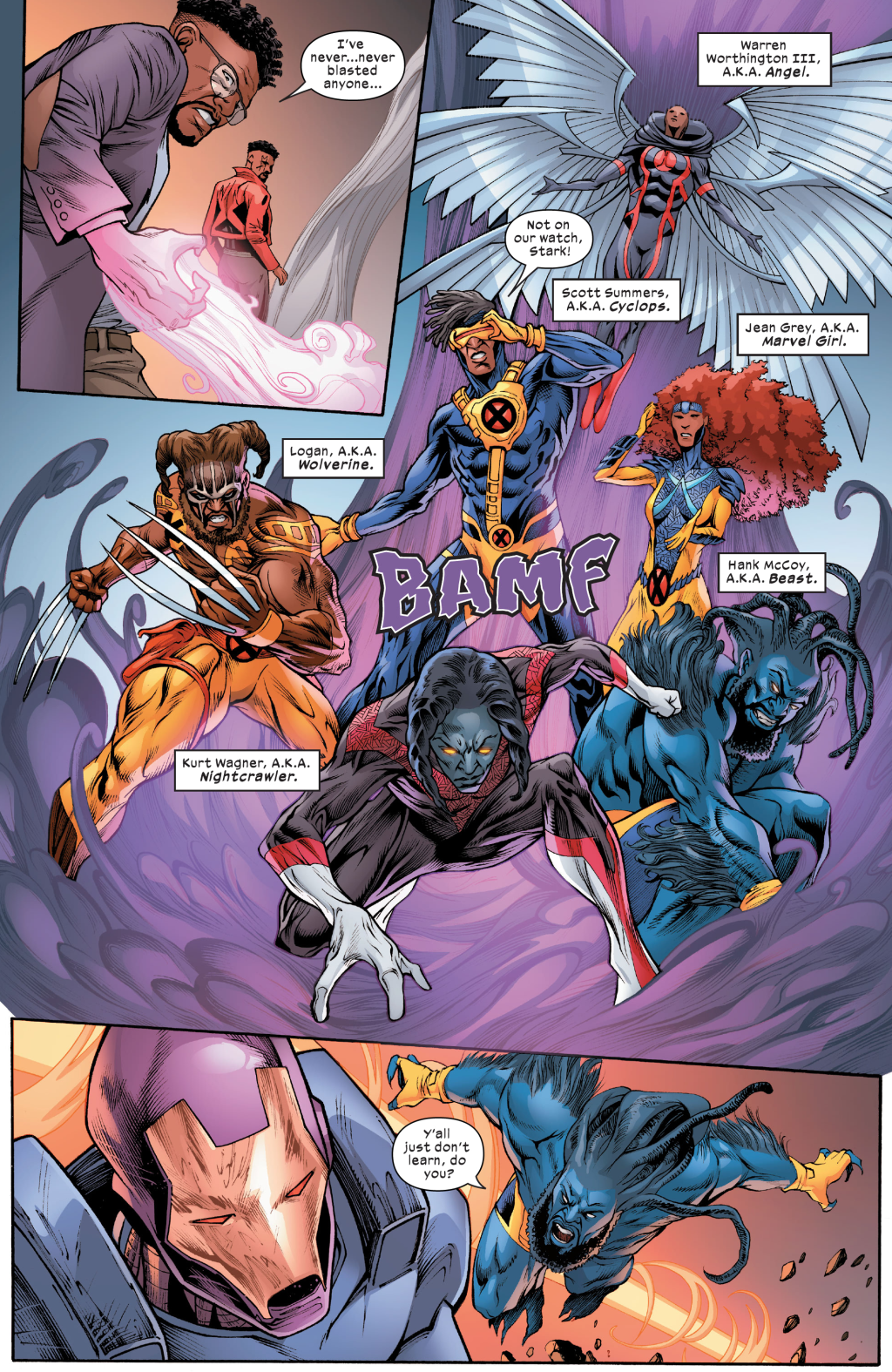 The X-Men of Earth-63 attempt to stop their version of Tony Stark from launching his anti-mutant attack in Bishop: War College Vol. 1 #3 (2023), Marvel Comics. Words by J. Holtham, art by Sean Damien Hill, Alberto Foche, Victor Nava, Espen Grundetjern, and Travis Lanham.