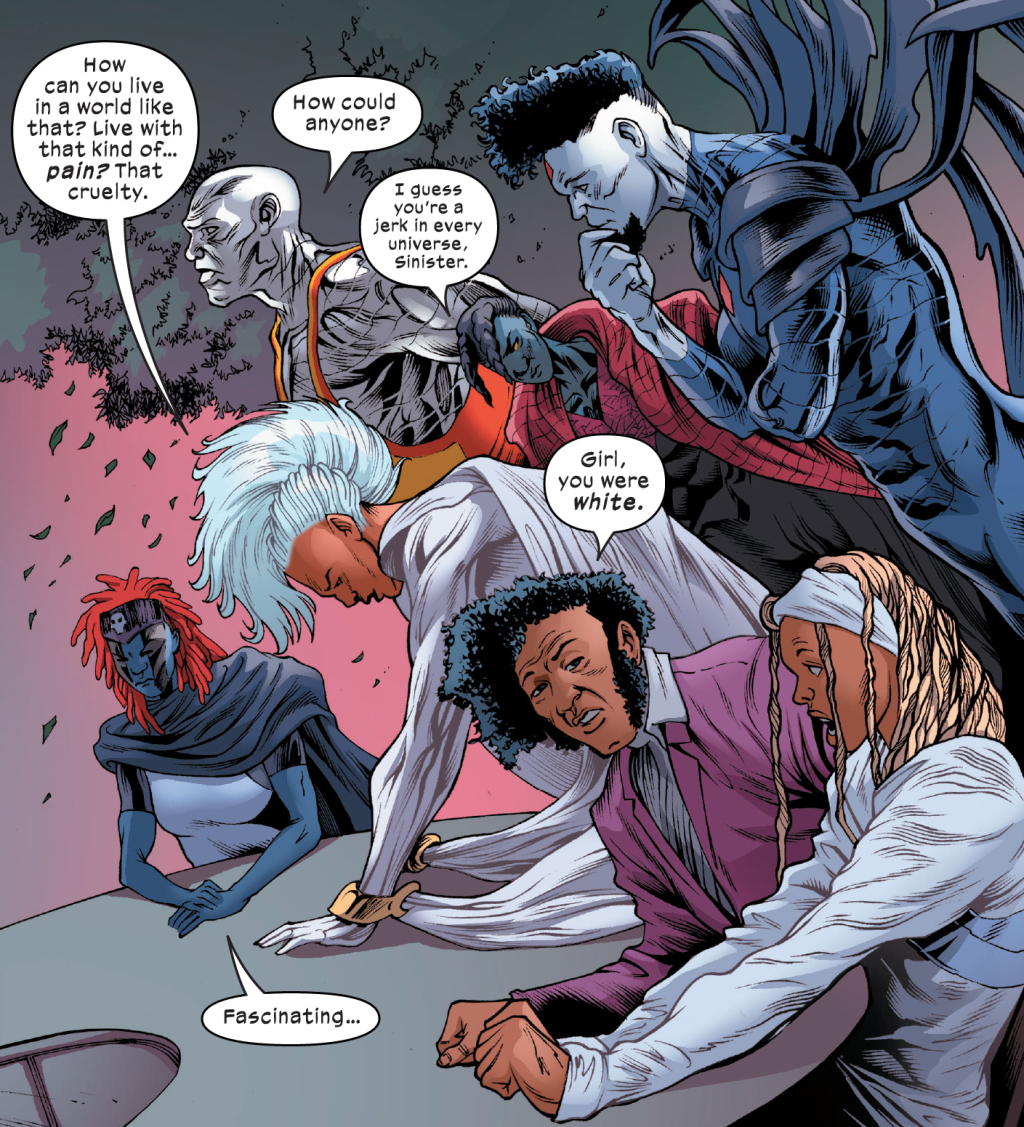 The Quiet Council of Earth-63 recoils in terror at seeing their Earth-616 counterparts in Bishop: War College Vol. 1 #3 (2023), Marvel Comics. Words by J. Holtham, art by Sean Damien Hill, Alberto Foche, Victor Nava, Espen Grundetjern, and Travis Lanham.