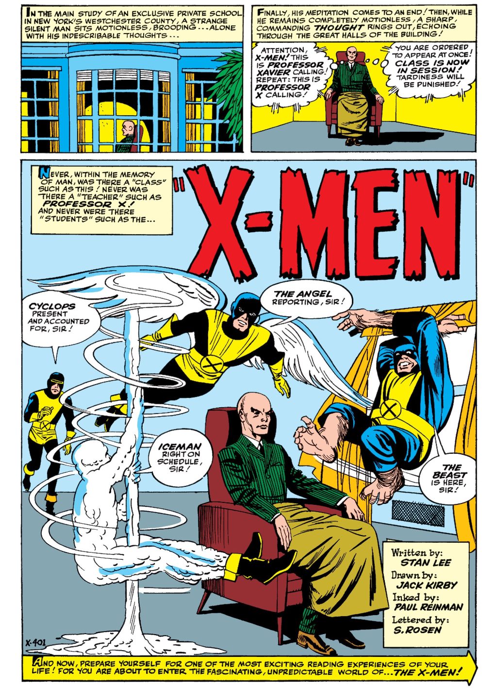 The X-Men respond to Professor Xavier's call in Uncanny X-Men Vol. 1 #1 "X-Men" (1963), Marvel Comics. Words by Stan Lee, art by Jack Kirby, Paul Reinman, and Sam Rosen.