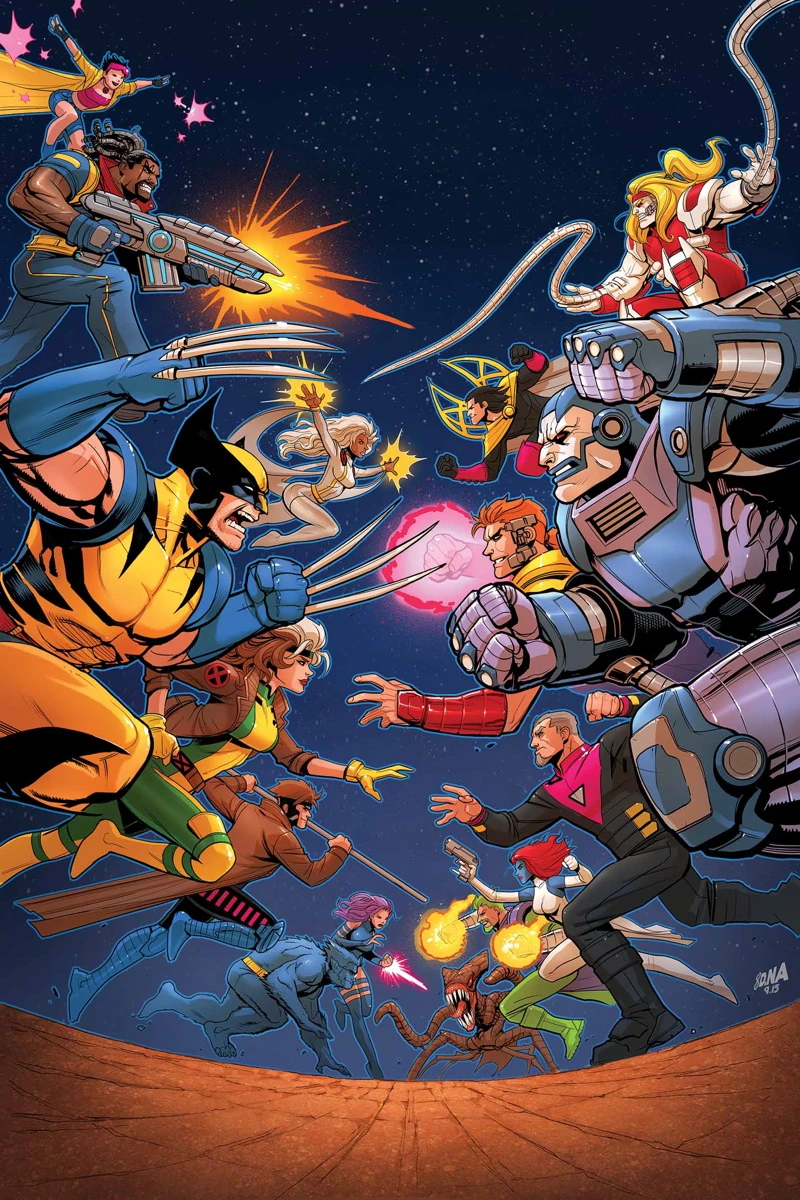 Os X-Men vêm para explodir com quem é quem de seus maiores inimigos na capa de David Nakayama para X-Men '92 Vol. 2#1 "Deixe o Jogo Começar" (2016), Marvel Comics