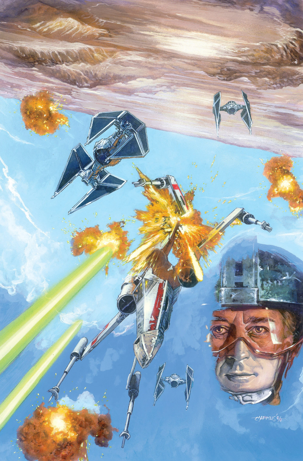 An X-Wing is blown to pieces on Mark Harrison's cover art to X-Wing: Rogue Squadron Vol. 1 #11 "Battleground: Tatooine, Part 3" (1996), Dark Horse