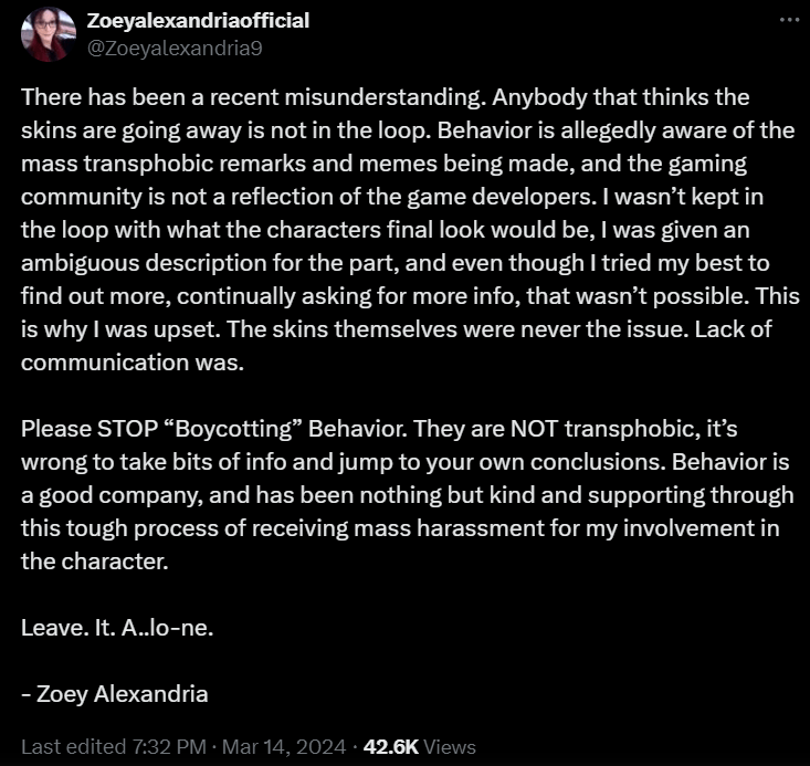 Zoey Alexandria clarifies her position over Behaviour Interactive, The Unknown, and Dead By Daylight via Twitter