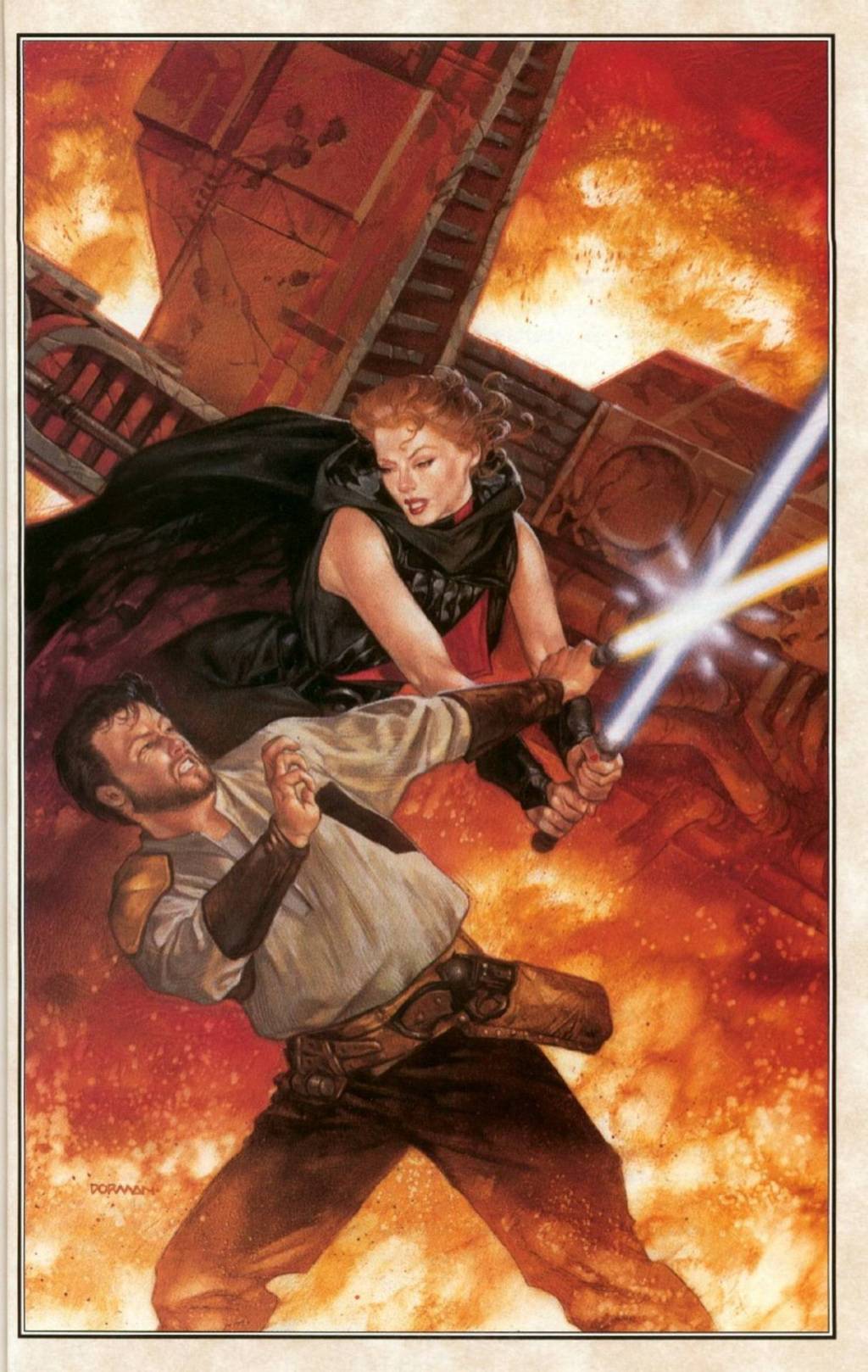 Kyle Katarn comes to blows with Sariss on Dave Dorman's key art for Star Wars: Jedi Knight: Dark Forces II (1997), LucasArts
